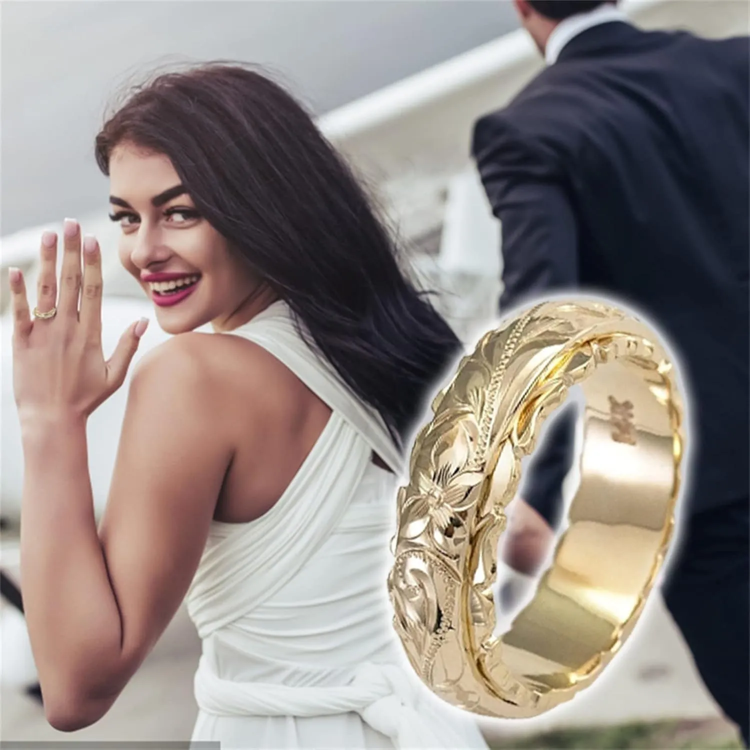 Antique Style Engravings Wide Wedding Band in Yellow Gold Minimalist Stackable Rings for Women Girls Size 5 to 11