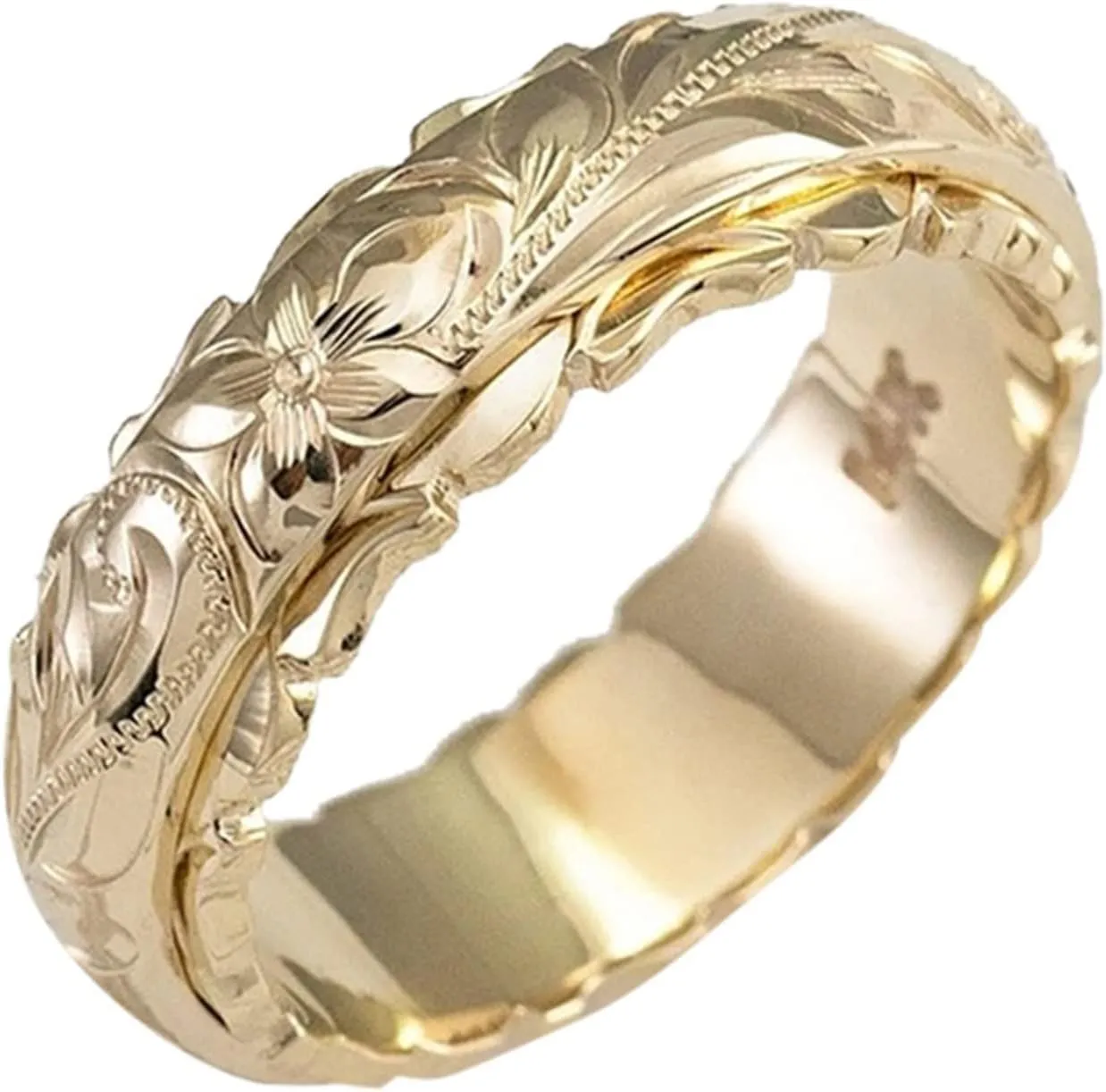 Antique Style Engravings Wide Wedding Band in Yellow Gold Minimalist Stackable Rings for Women Girls Size 5 to 11