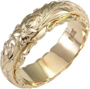 Antique Style Engravings Wide Wedding Band in Yellow Gold Minimalist Stackable Rings for Women Girls Size 5 to 11