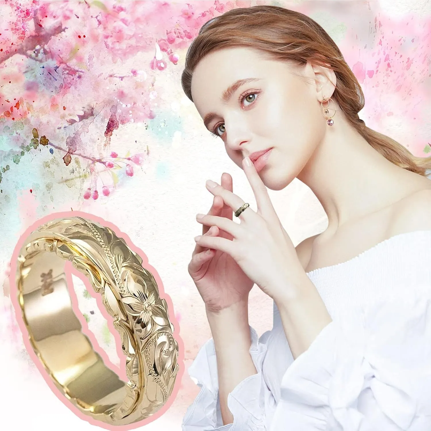 Antique Style Engravings Wide Wedding Band in Yellow Gold Minimalist Stackable Rings for Women Girls Size 5 to 11