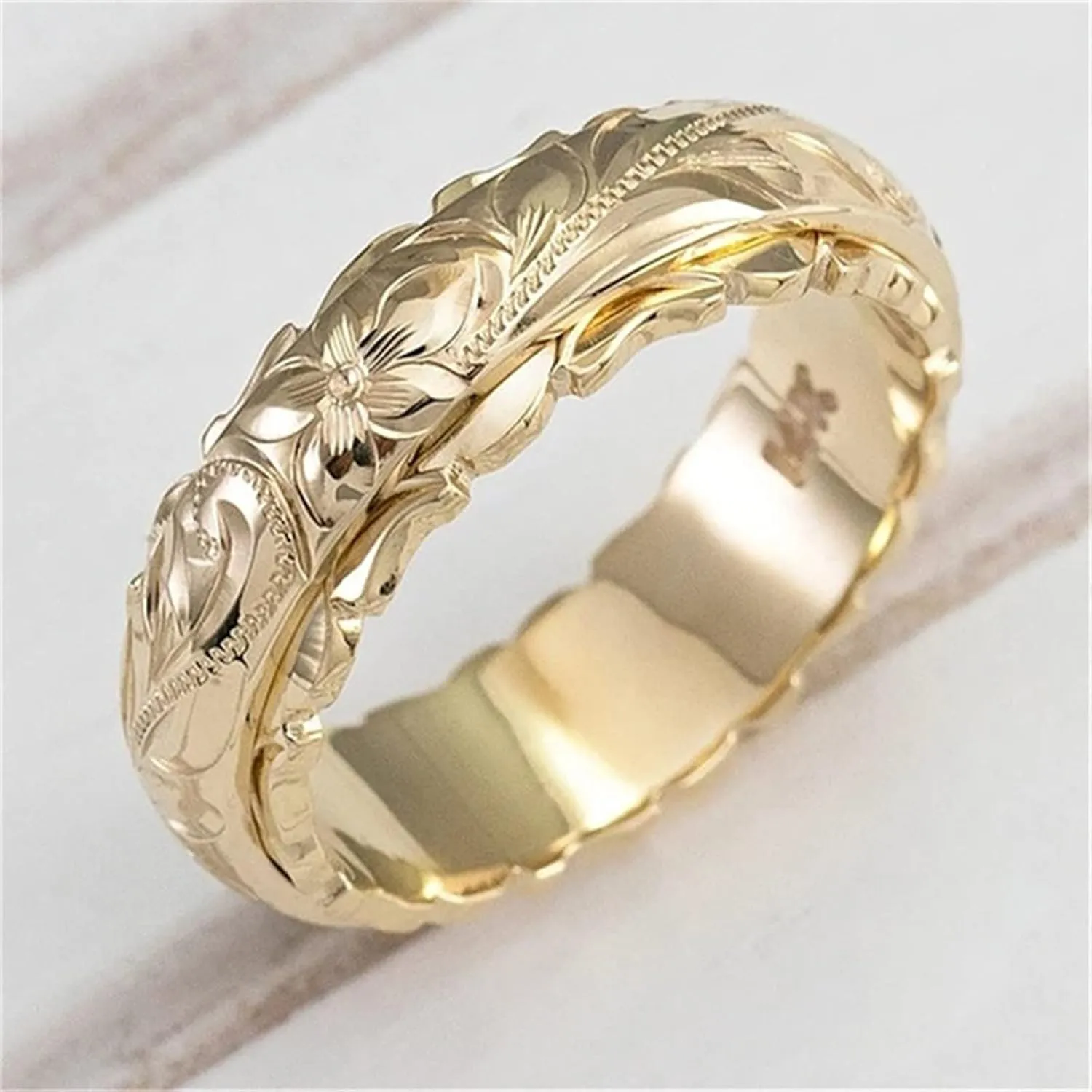 Antique Style Engravings Wide Wedding Band in Yellow Gold Minimalist Stackable Rings for Women Girls Size 5 to 11