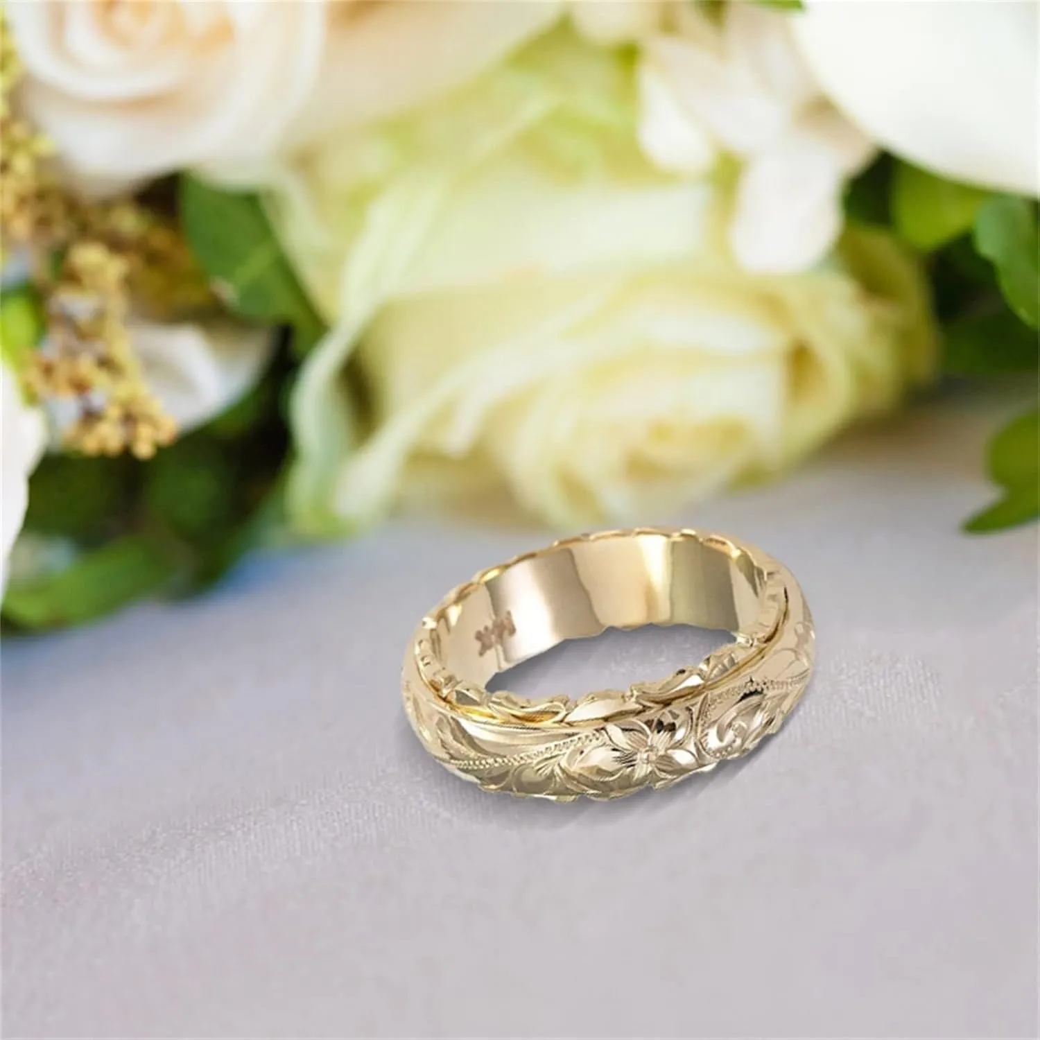 Antique Style Engravings Wide Wedding Band in Yellow Gold Minimalist Stackable Rings for Women Girls Size 5 to 11
