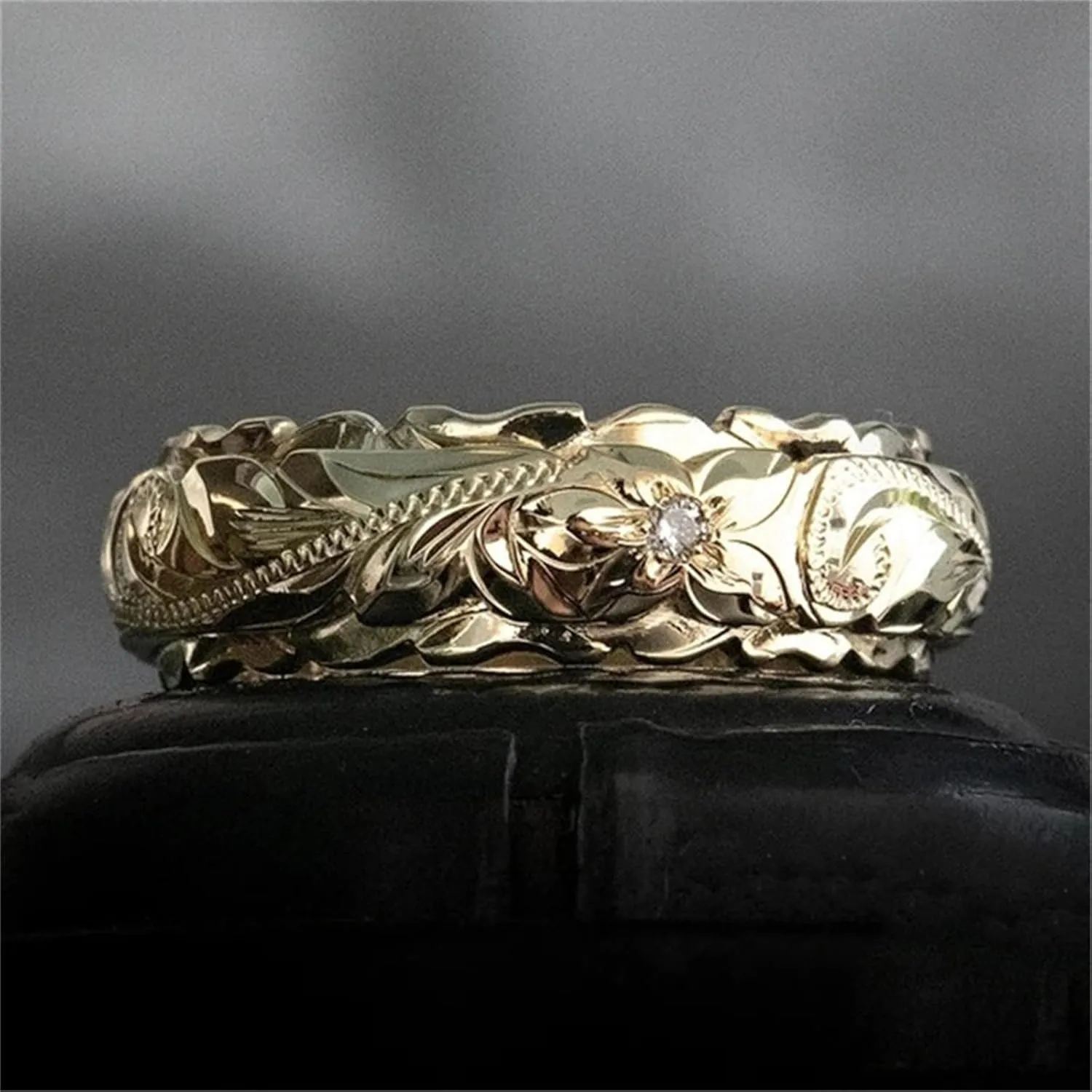Antique Style Engravings Wide Wedding Band in Yellow Gold Minimalist Stackable Rings for Women Girls Size 5 to 11