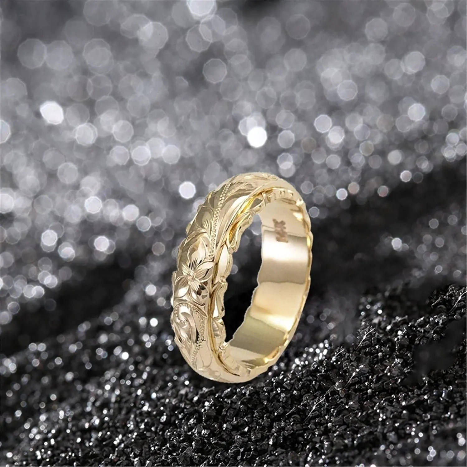 Antique Style Engravings Wide Wedding Band in Yellow Gold Minimalist Stackable Rings for Women Girls Size 5 to 11