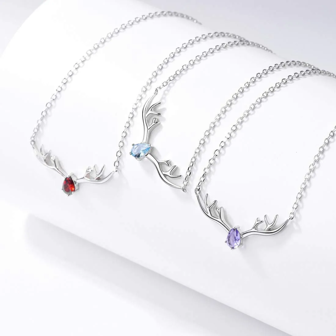 Antler Necklace 925 Sterling Silver Reindeer Animal Horn Jewelry Minimalist Style Clavicle Chain with Personalized Birthstone Charm Deer Antler Charm Necklaces 10.Oct. Lucky Pink