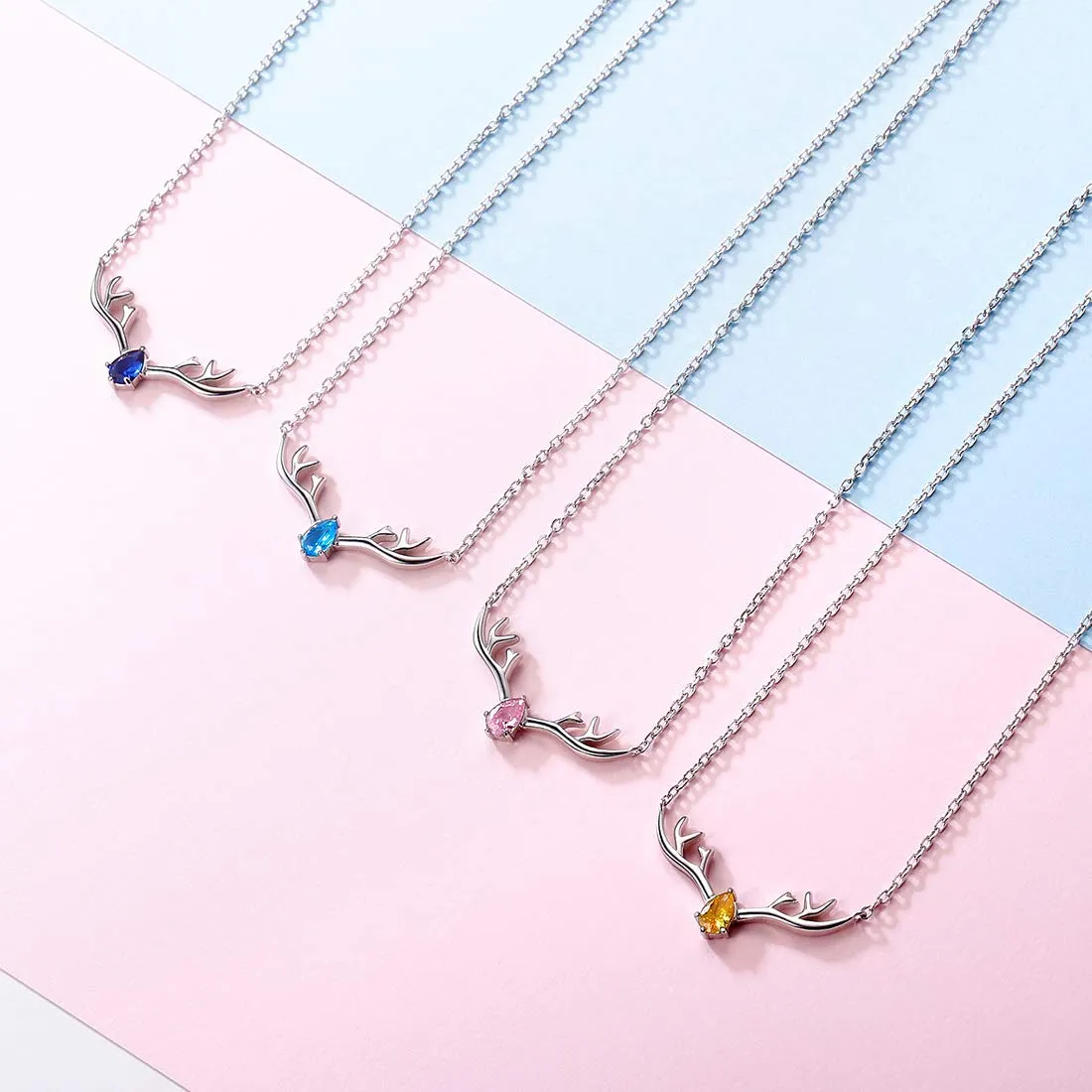 Antler Necklace 925 Sterling Silver Reindeer Animal Horn Jewelry Minimalist Style Clavicle Chain with Personalized Birthstone Charm Deer Antler Charm Necklaces 10.Oct. Lucky Pink