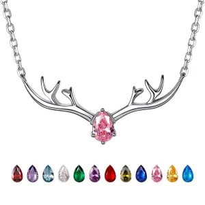 Antler Necklace 925 Sterling Silver Reindeer Animal Horn Jewelry Minimalist Style Clavicle Chain with Personalized Birthstone Charm Deer Antler Charm Necklaces 10.Oct. Lucky Pink