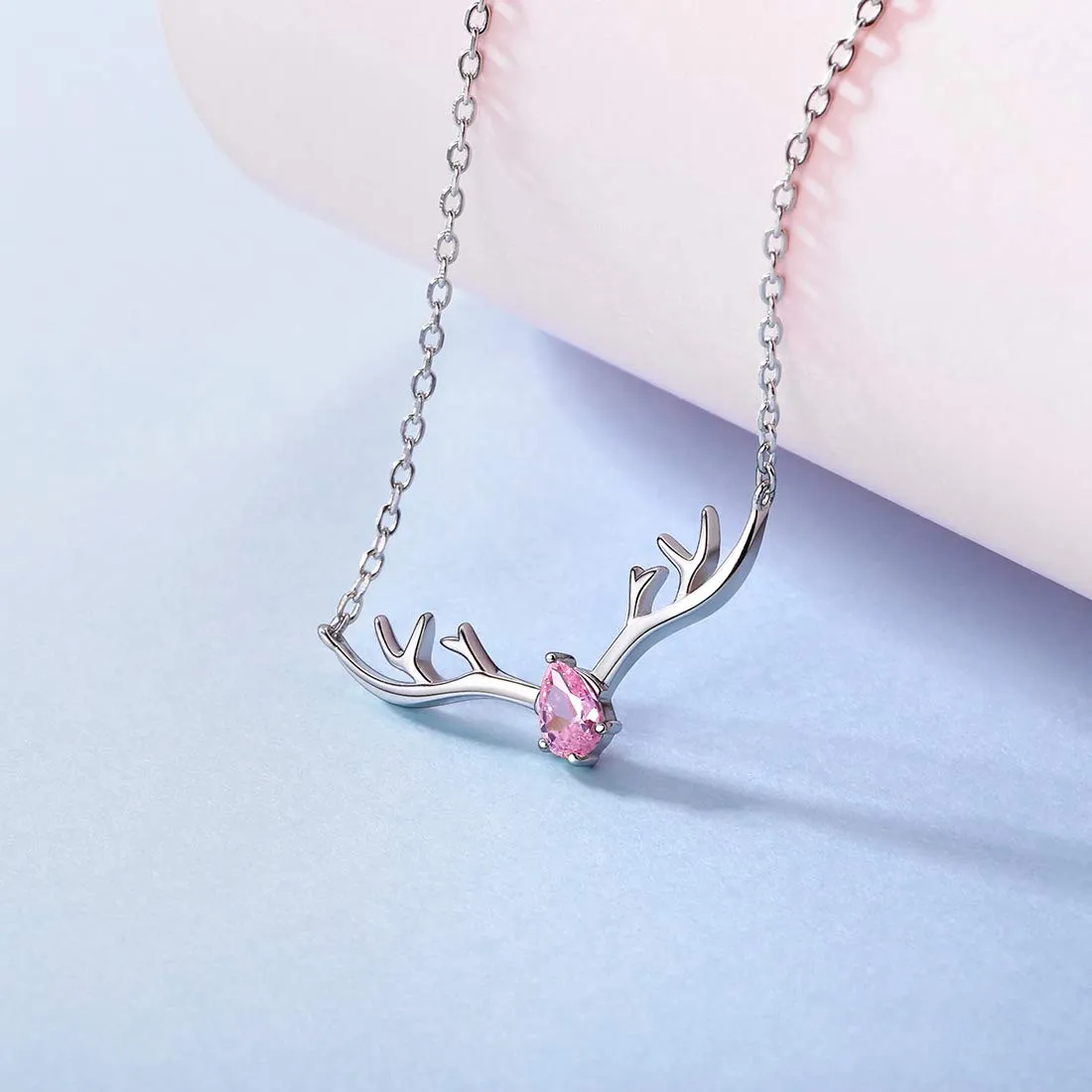 Antler Necklace 925 Sterling Silver Reindeer Animal Horn Jewelry Minimalist Style Clavicle Chain with Personalized Birthstone Charm Deer Antler Charm Necklaces 10.Oct. Lucky Pink