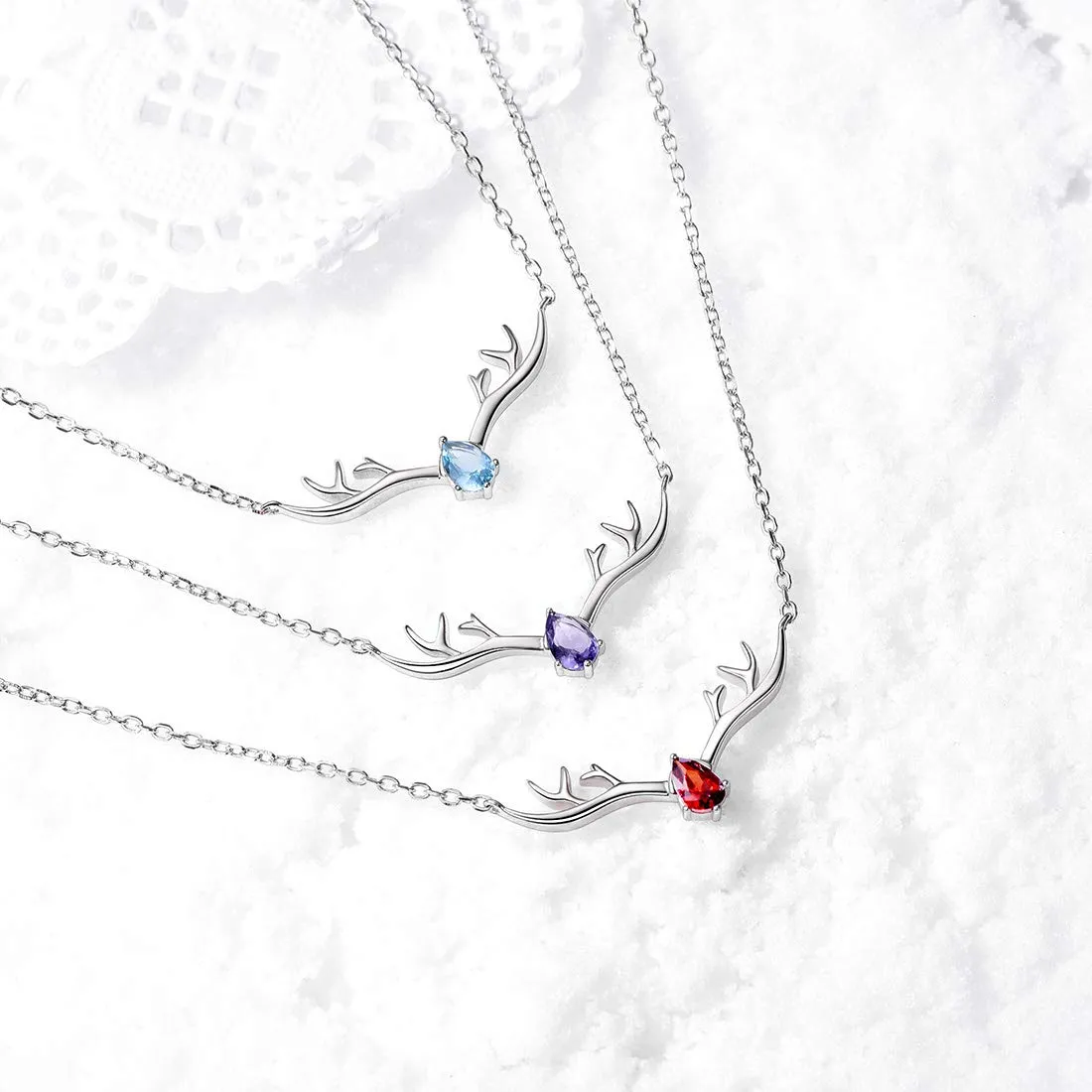 Antler Necklace 925 Sterling Silver Reindeer Animal Horn Jewelry Minimalist Style Clavicle Chain with Personalized Birthstone Charm Deer Antler Charm Necklaces 10.Oct. Lucky Pink