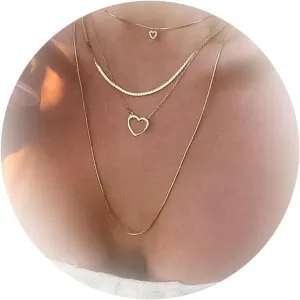 Aonklot Layered Snake Chain Necklaces Gold Heart Herringbone Necklace Paperclip Chain Layered Love Pendant Jewelry