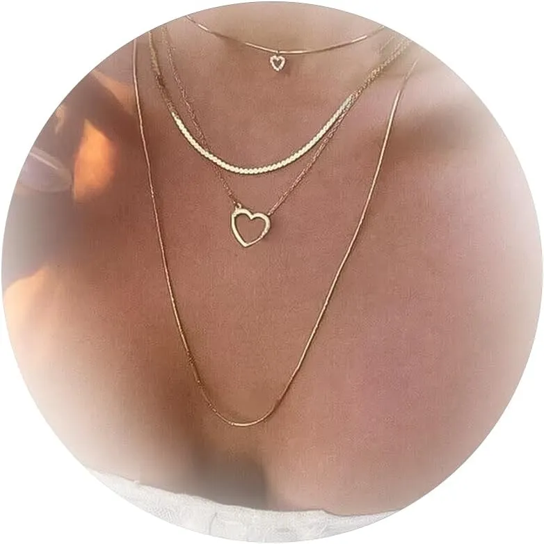 Aonklot Layered Snake Chain Necklaces Gold Heart Herringbone Necklace Paperclip Chain Layered Love Pendant Jewelry