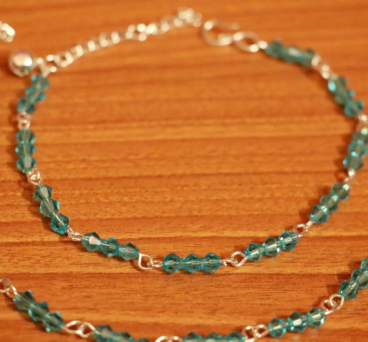 Aqua Blue Crystal Beaded Silver Plated Anklets