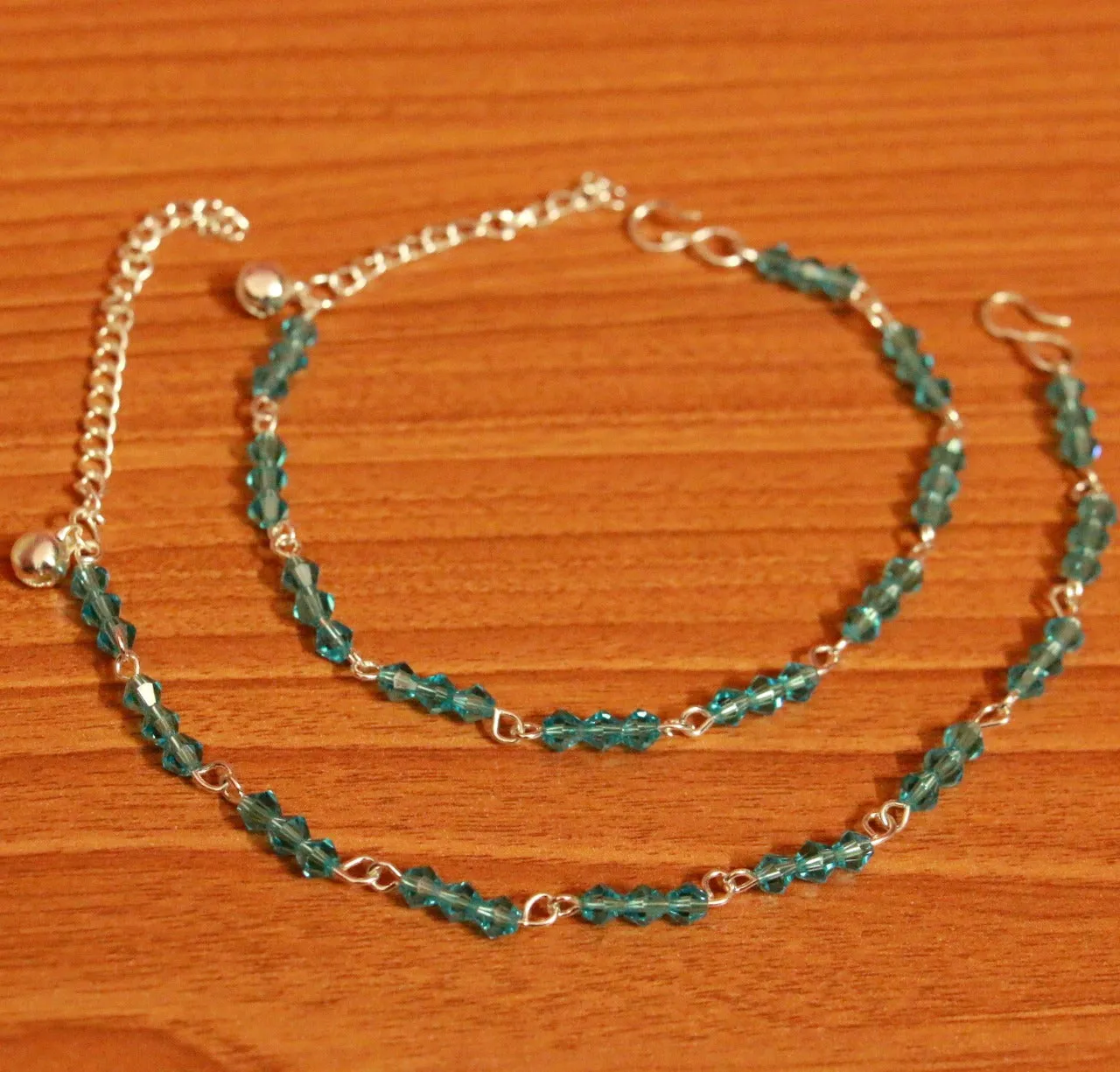 Aqua Blue Crystal Beaded Silver Plated Anklets
