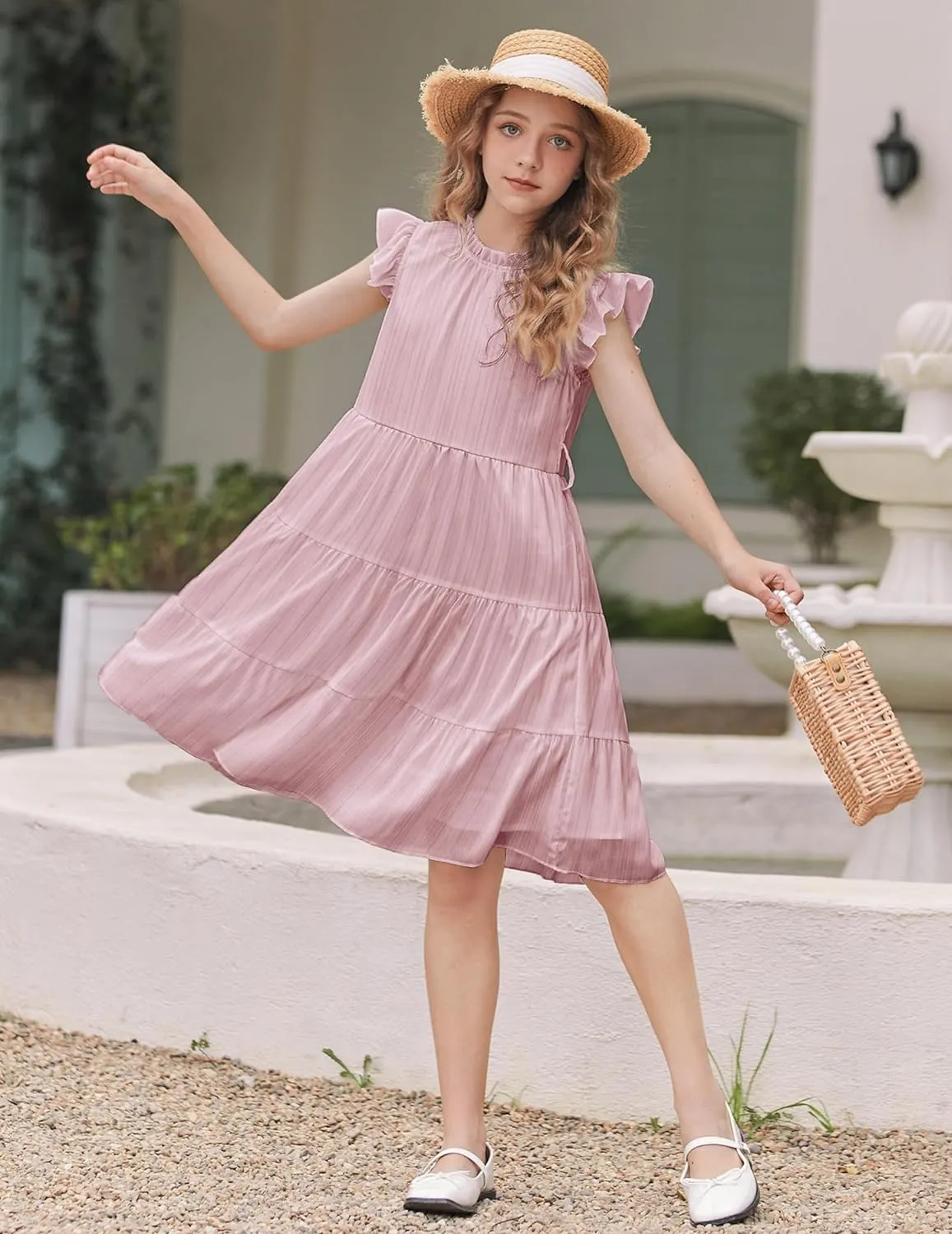 Arshiner Tween Girls Summer Dress Ruffle Sleeve A Line Elegant Dresses