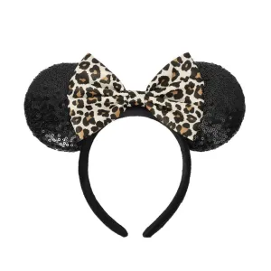 ASHONE Mouse Ears Headbands for Women Groups Mouse Ears Shiny Bows for Birthday Themed Events Accessories Party (Leopard, 1 Count (Pack of 1))