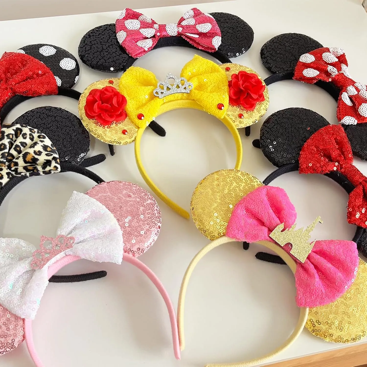 ASHONE Mouse Ears Headbands for Women Groups Mouse Ears Shiny Bows for Birthday Themed Events Accessories Party (Leopard, 1 Count (Pack of 1))
