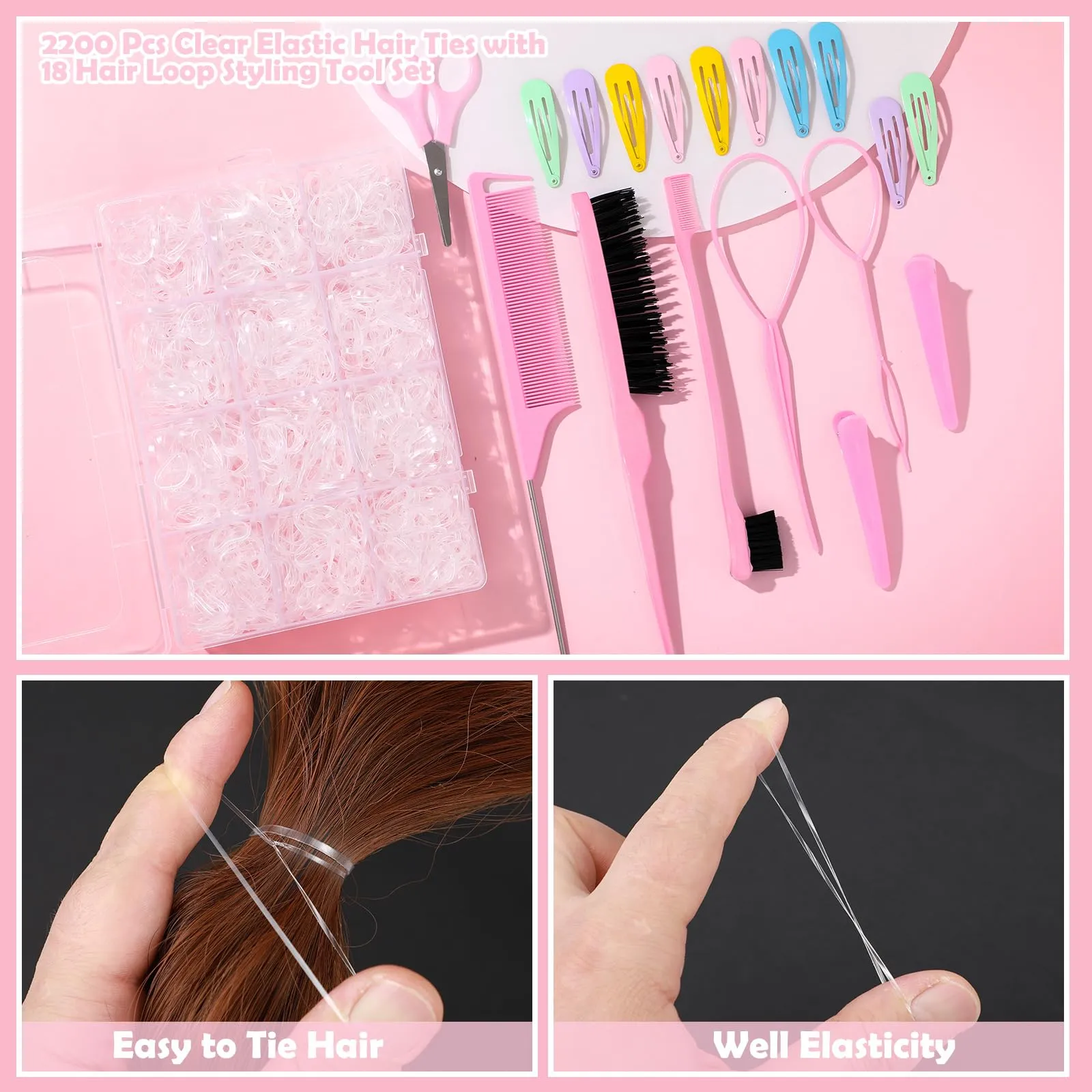Auroray 2200 Pcs Clear Hair Ties, Hair Loop Styling Tool Set with Hair Tie Cutter, Elastic Hair Accessories for Toddler Baby Girl Women