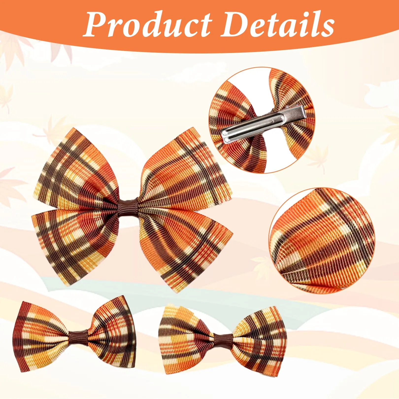 Autumn Bow Hair Clips for Toddler Baby Girls - 3Pcs Orange Plaid Fall Hair Bow Alligator Clips Barrettes Bow Thanksgiving Grosgrain Hairgrips Headwear Autumn Hair Accessories for Kids Girls Gifts