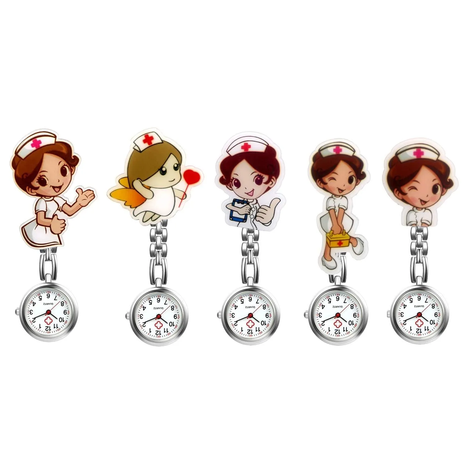 AVANER Nurse Watches Cute Cartoon Design Clip-on Fob Watches Analog Quartz Hanging Lapel Watches for Women (5 Pcs) Style1-click