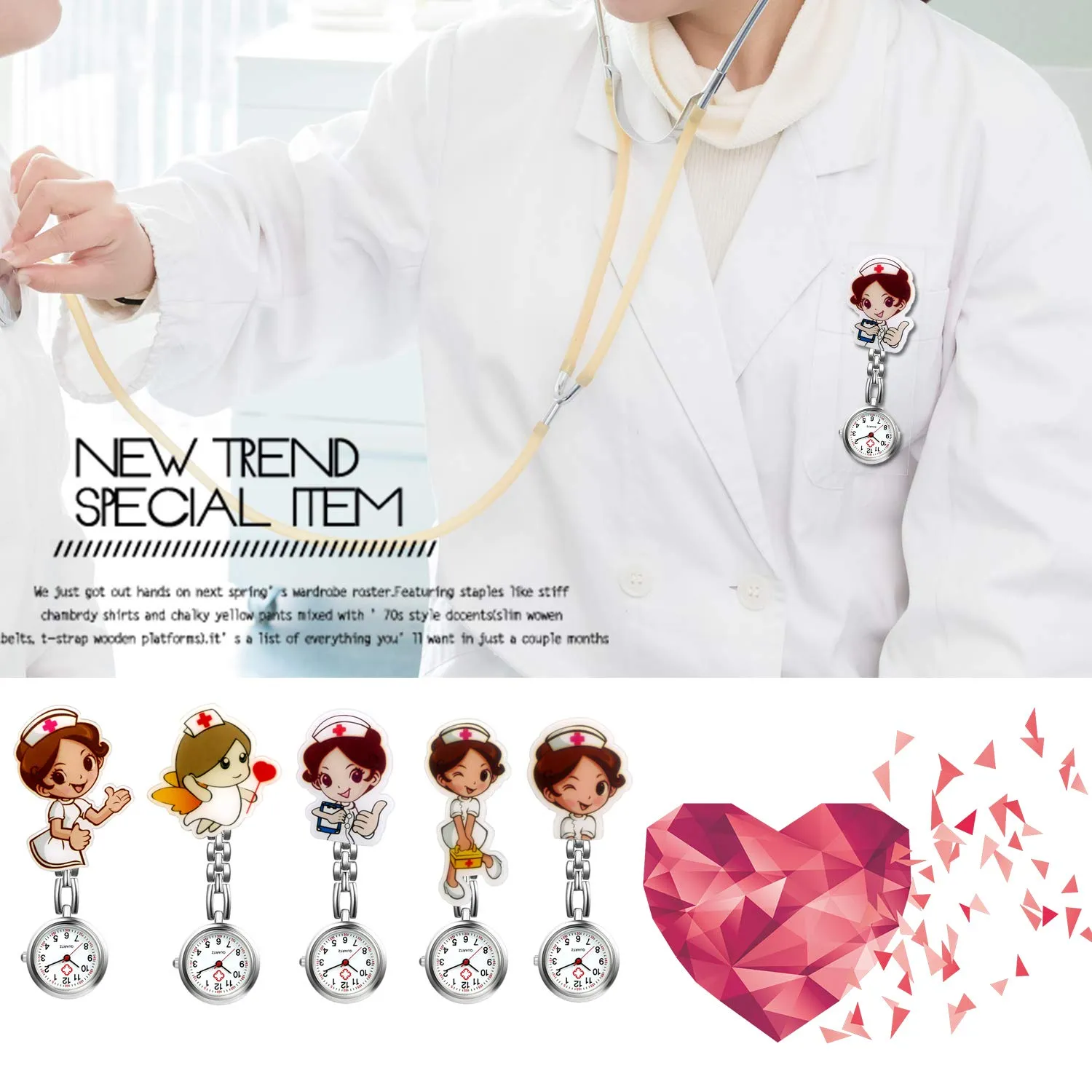 AVANER Nurse Watches Cute Cartoon Design Clip-on Fob Watches Analog Quartz Hanging Lapel Watches for Women (5 Pcs) Style1-click