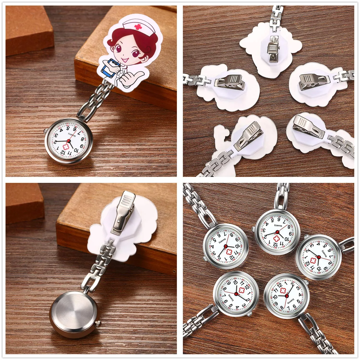 AVANER Nurse Watches Cute Cartoon Design Clip-on Fob Watches Analog Quartz Hanging Lapel Watches for Women (5 Pcs) Style1-click