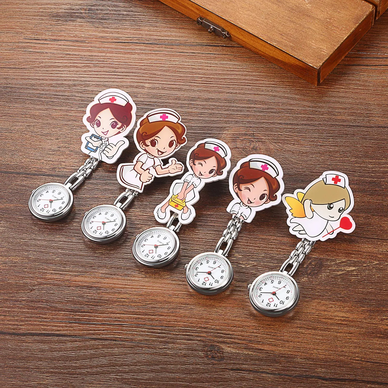 AVANER Nurse Watches Cute Cartoon Design Clip-on Fob Watches Analog Quartz Hanging Lapel Watches for Women (5 Pcs) Style1-click
