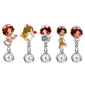 AVANER Nurse Watches Cute Cartoon Design Clip-on Fob Watches Analog Quartz Hanging Lapel Watches for Women (5 Pcs) Style1-click