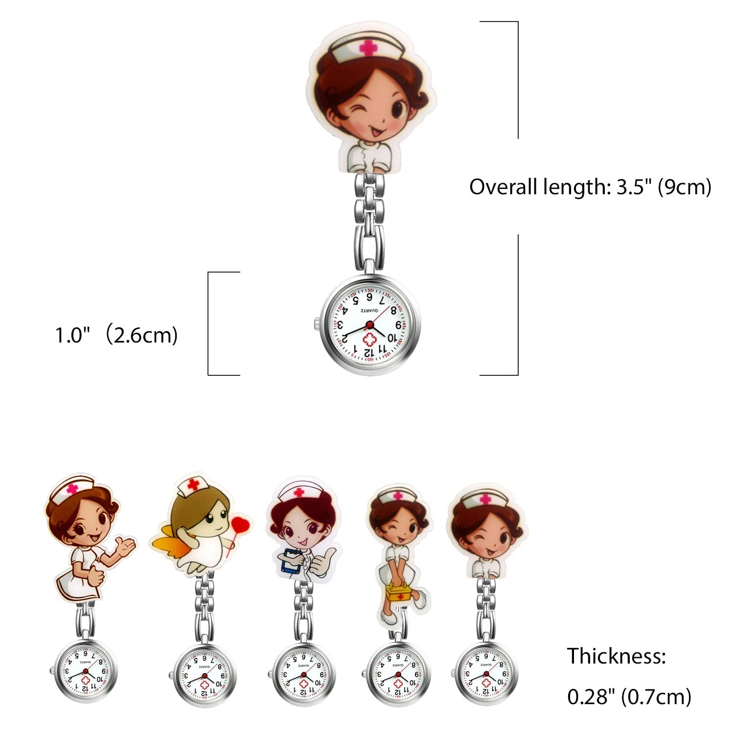 AVANER Nurse Watches Cute Cartoon Design Clip-on Fob Watches Analog Quartz Hanging Lapel Watches for Women (5 Pcs) Style1-click