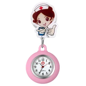 AVANER Retractable Nurse Watches Clip-on Hanging Fob Watches Cute Cartoon Pattern Lapel Watches for Nurses Doctors with Silicone Cover Pink-2