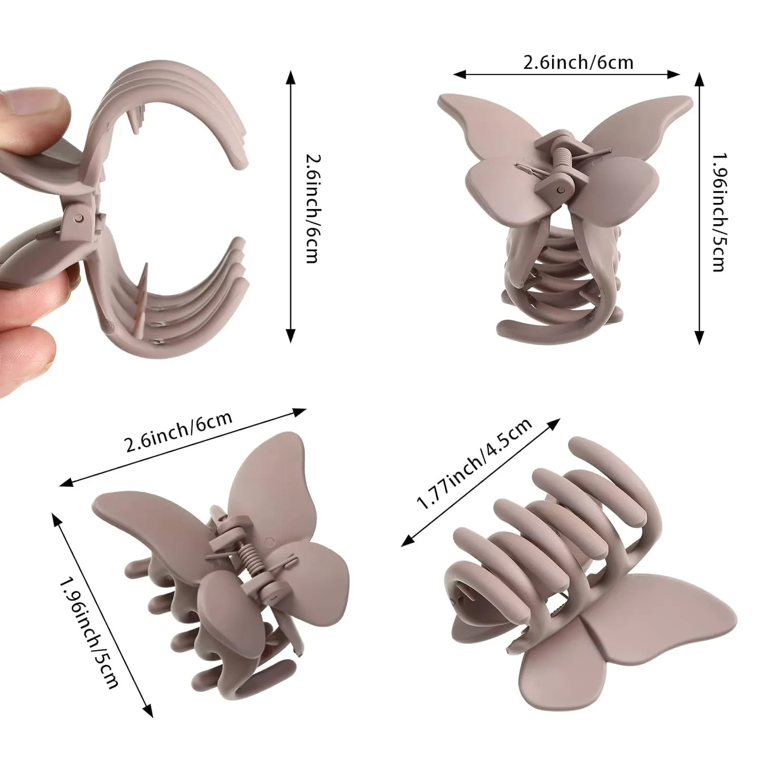 AWAYTR 6PCS Hair Clip, 2 Inch Butterfly Claw Clips for Women Girls Small Nonslip Butterfly Jaw Clips for Thick Hair and Strong Hold, Pack of 6, Solid color(blue black white brown fan coffee)