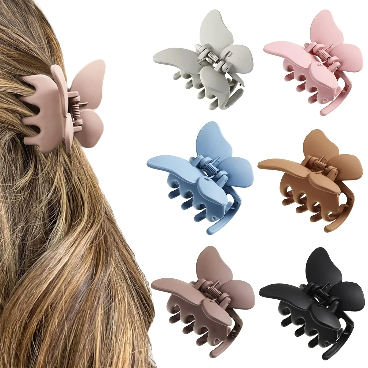 AWAYTR 6PCS Hair Clip, 2 Inch Butterfly Claw Clips for Women Girls Small Nonslip Butterfly Jaw Clips for Thick Hair and Strong Hold, Pack of 6, Solid color(blue black white brown fan coffee)