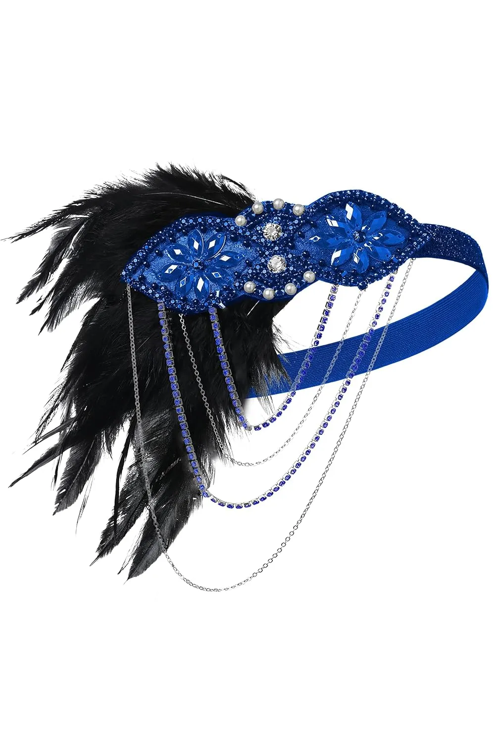 BABEYOND 1920s Flapper Headband 20s Great Gatsby Headpiece Black Feather Headband 1920s Flapper Gatsby Hair Accessories (Blue)