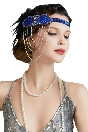 BABEYOND 1920s Flapper Headband 20s Great Gatsby Headpiece Black Feather Headband 1920s Flapper Gatsby Hair Accessories (Blue)