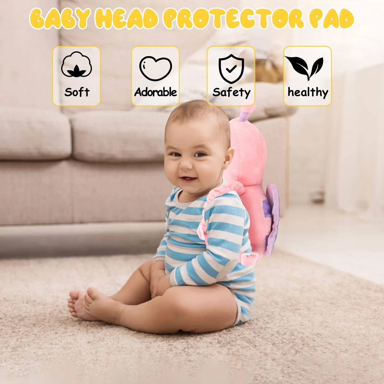Baby Head Protection Backpack - Soft & Comfortable, Cute Cartoon Design, Ages 0-3, Pink Butterfly Q77-PinkButterfly
