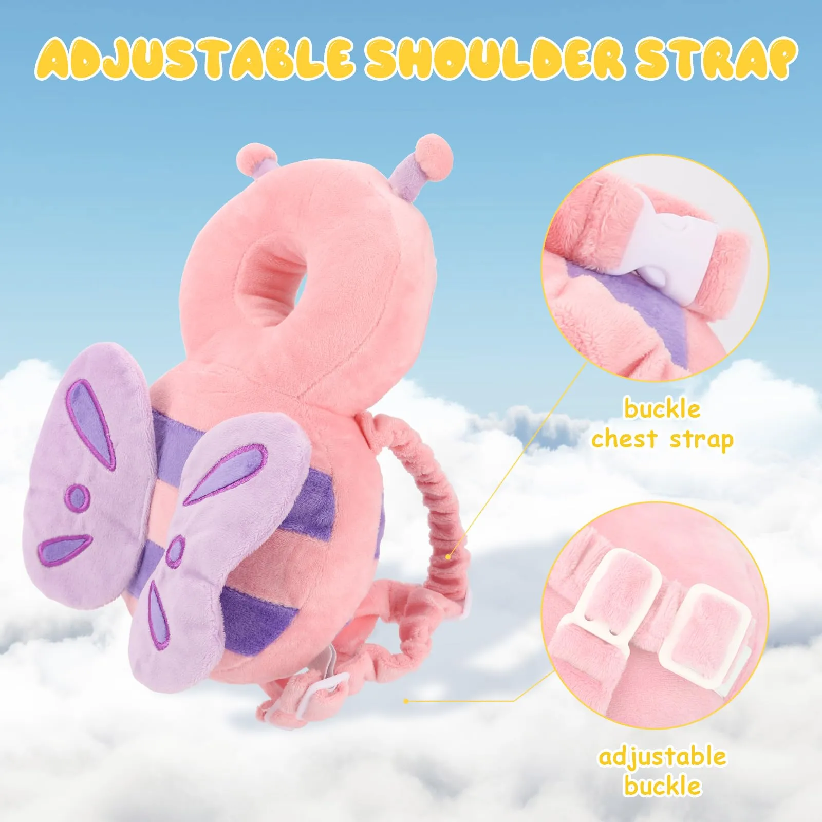 Baby Head Protection Backpack - Soft & Comfortable, Cute Cartoon Design, Ages 0-3, Pink Butterfly Q77-PinkButterfly