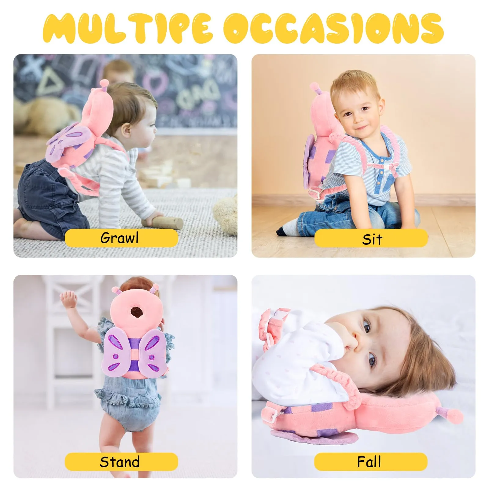 Baby Head Protection Backpack - Soft & Comfortable, Cute Cartoon Design, Ages 0-3, Pink Butterfly Q77-PinkButterfly