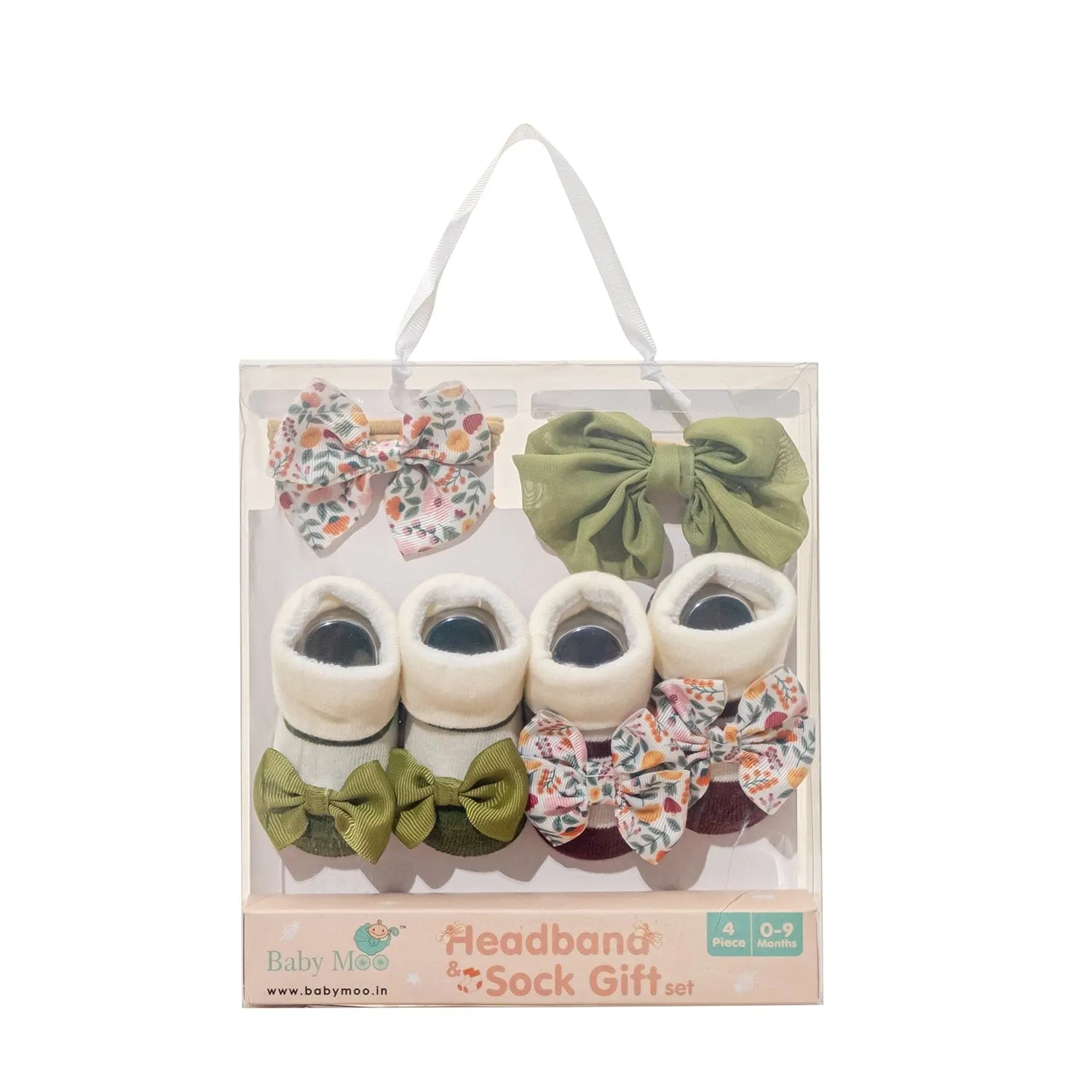 Baby Moo Fall Botanical Infant Girl 4-Piece Gift Hairband And Socks Set - Green
