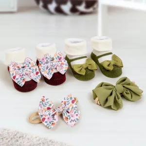 Baby Moo Fall Botanical Infant Girl 4-Piece Gift Hairband And Socks Set - Green