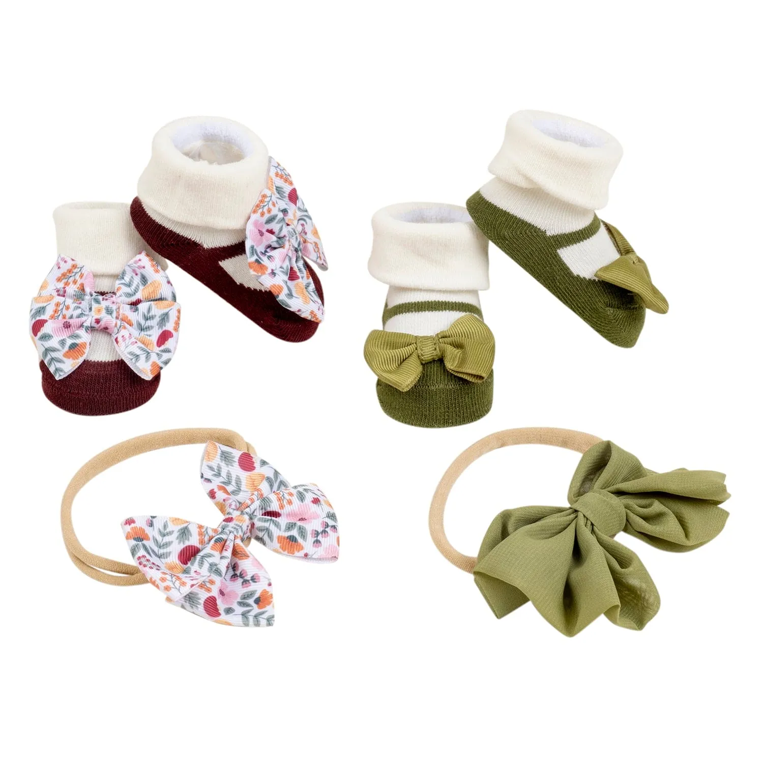 Baby Moo Fall Botanical Infant Girl 4-Piece Gift Hairband And Socks Set - Green