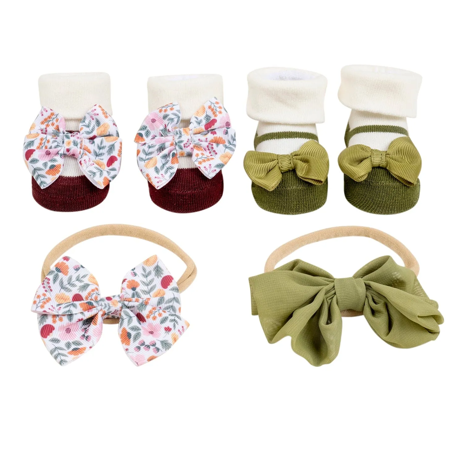 Baby Moo Fall Botanical Infant Girl 4-Piece Gift Hairband And Socks Set - Green