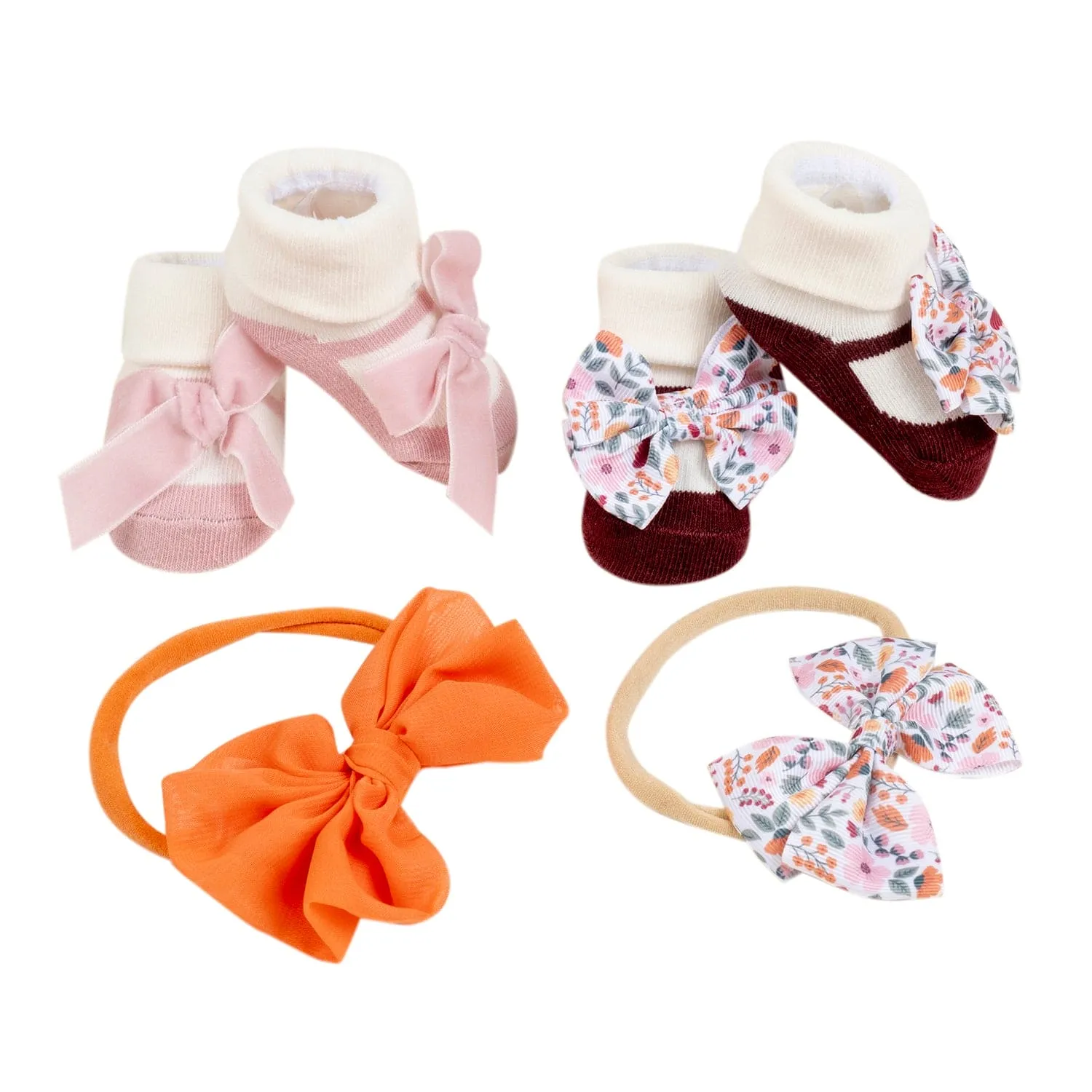 Baby Moo Vibrant Infant Girl 4-Piece Gift Hairband And Socks Set - Pink