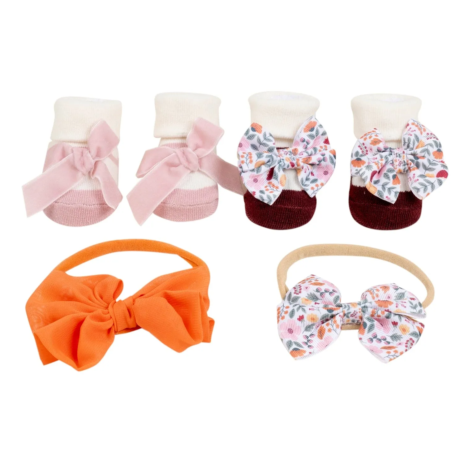 Baby Moo Vibrant Infant Girl 4-Piece Gift Hairband And Socks Set - Pink
