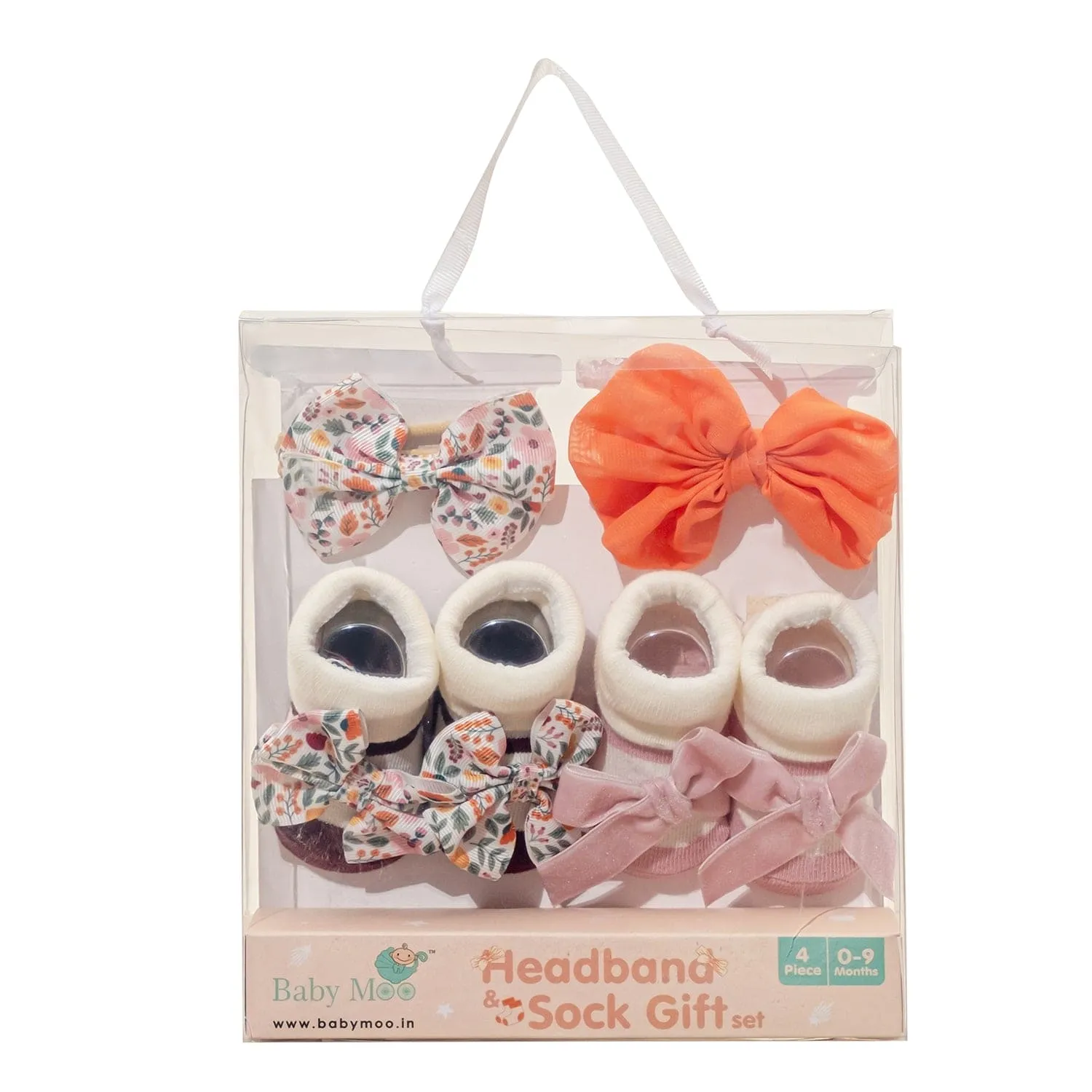 Baby Moo Vibrant Infant Girl 4-Piece Gift Hairband And Socks Set - Pink
