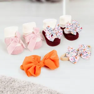 Baby Moo Vibrant Infant Girl 4-Piece Gift Hairband And Socks Set - Pink