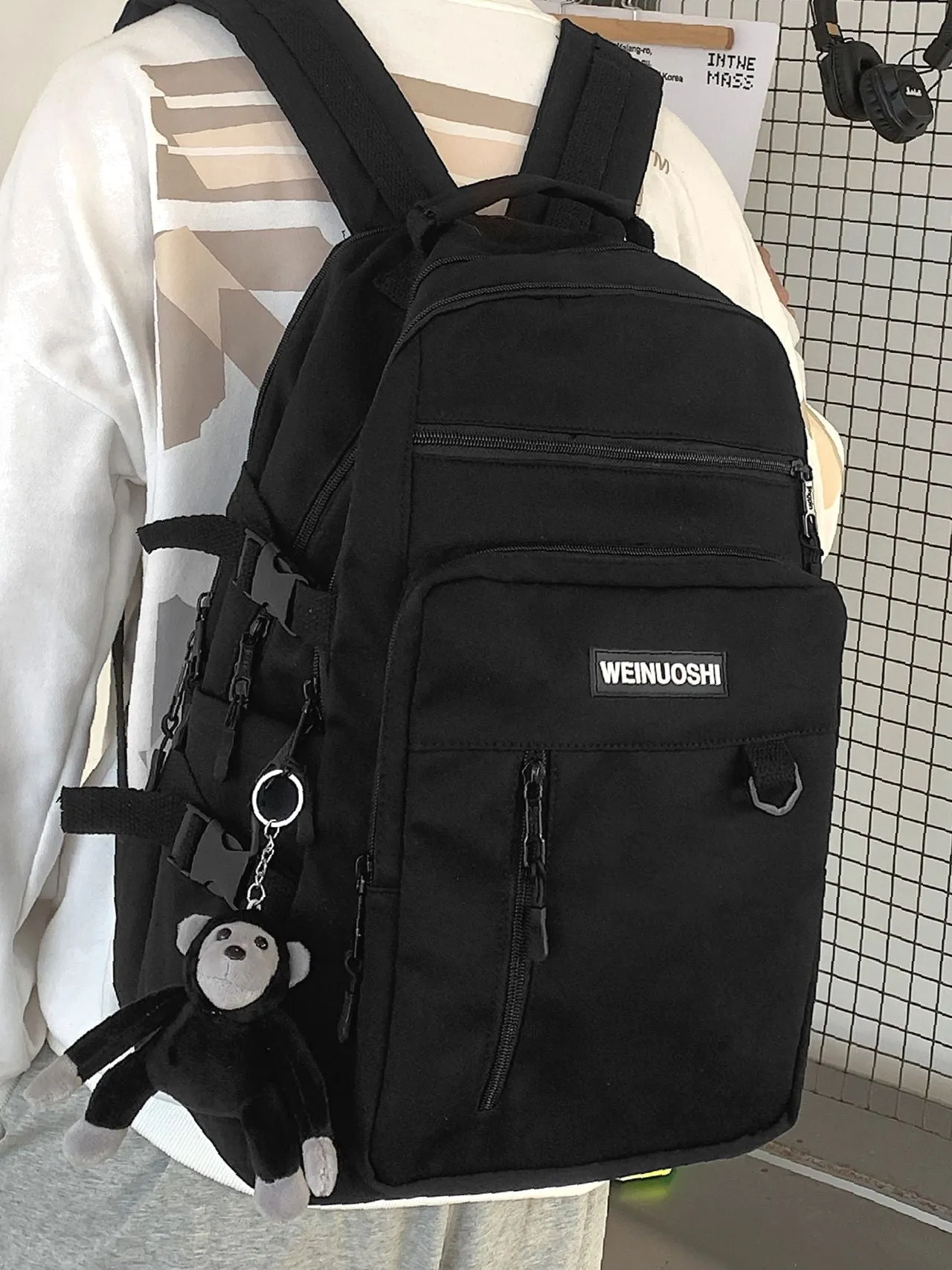 Bag For Love  Letter Patch Decor Functional Backpack with Cartoon Bag Charm   Women Backpacks