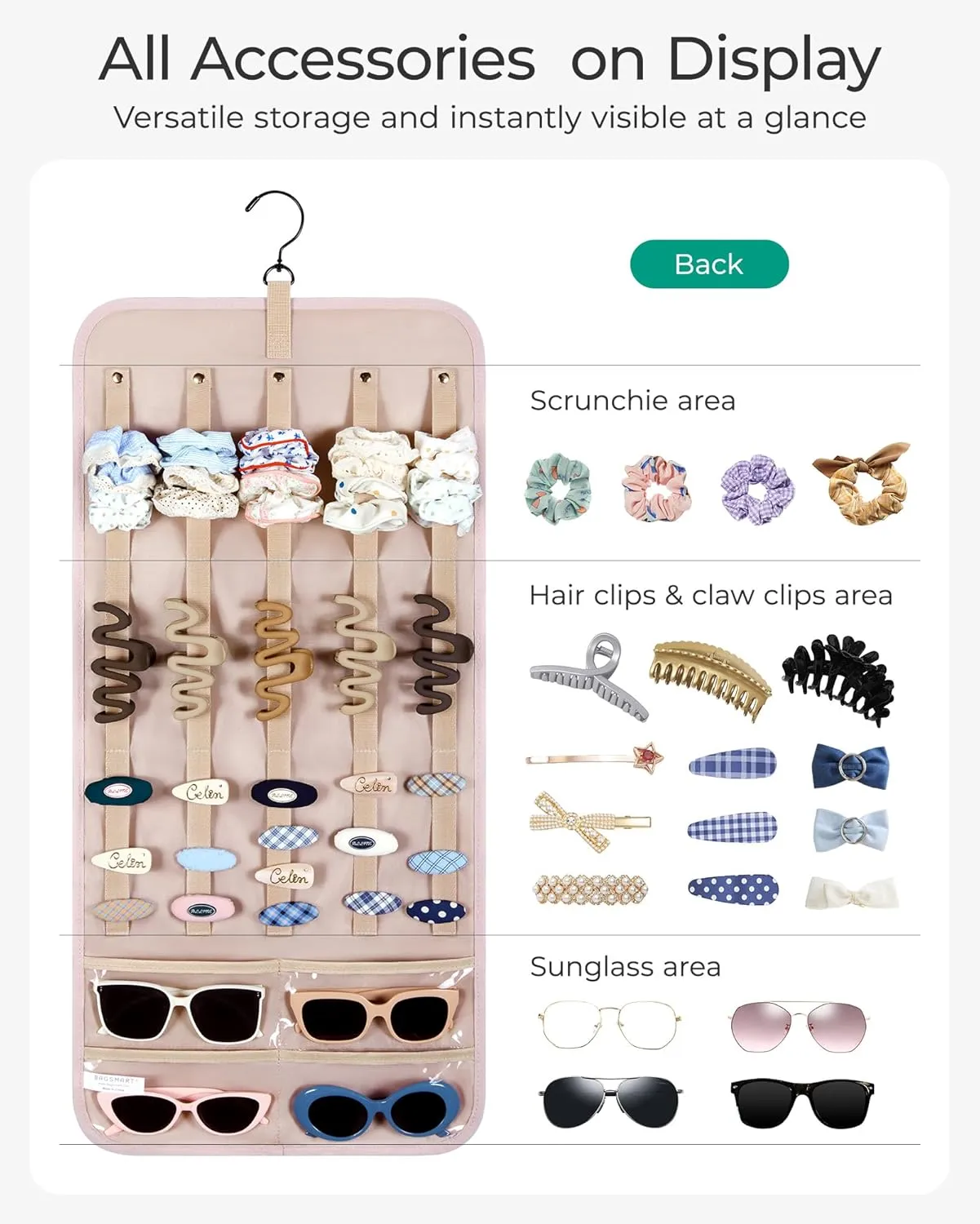 BAGSMART Hanging Jewelry Organizer Claw Clip Holder for Headbands, Sunglasses, Hair Clips, Claw Clips Double-Sided on Closet, Wall, Door, 1 piece, Large-Black