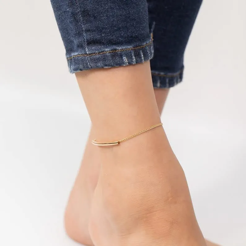 Bar Chain Anklet, Sterling Silver Rectangle Bar Ankle, Unique Anklet, Charming Anklet, Minimalist jewelry (10.5, White Gold Plated)