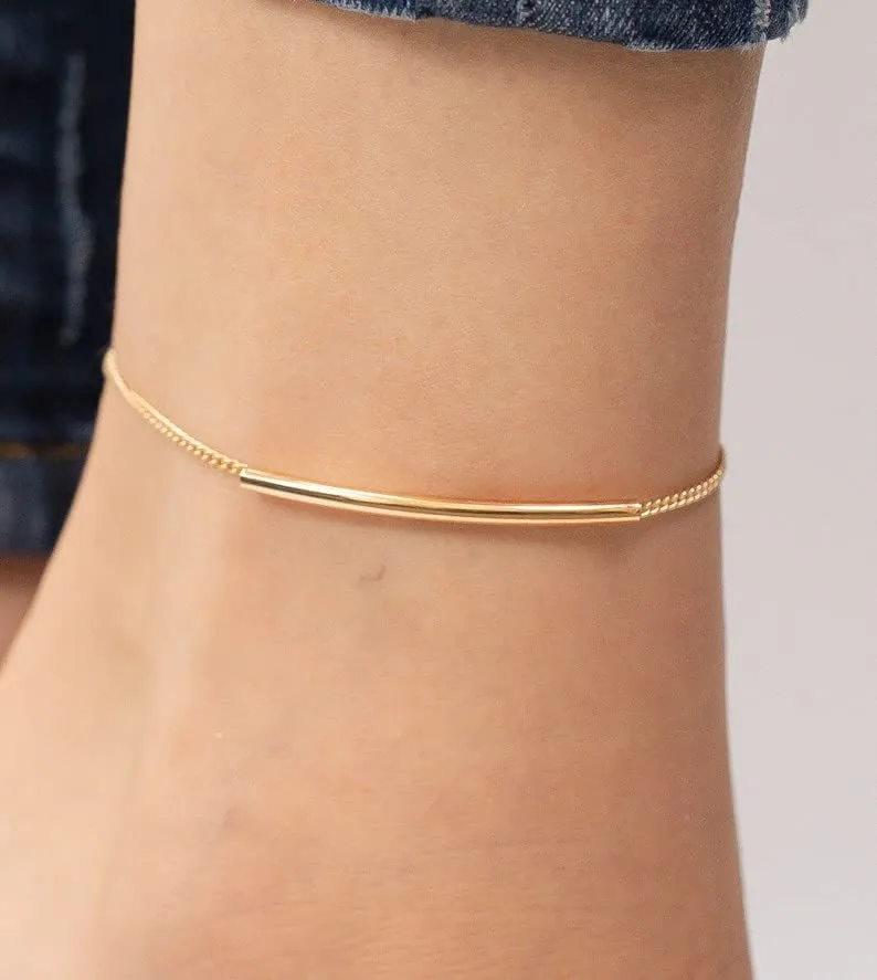Bar Chain Anklet, Sterling Silver Rectangle Bar Ankle, Unique Anklet, Charming Anklet, Minimalist jewelry (10.5, White Gold Plated)
