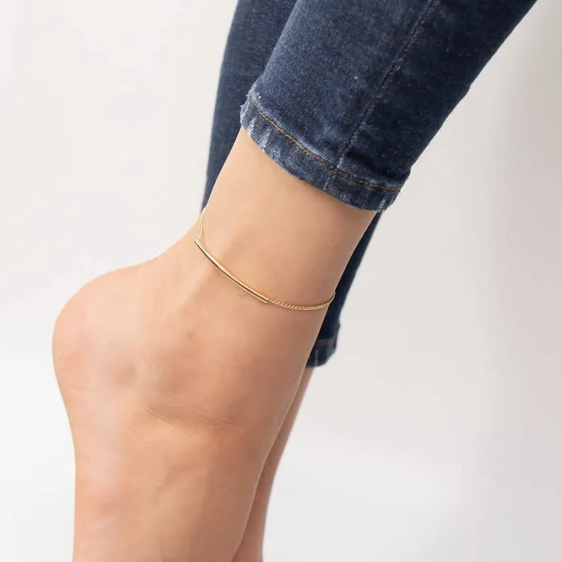 Bar Chain Anklet, Sterling Silver Rectangle Bar Ankle, Unique Anklet, Charming Anklet, Minimalist jewelry (10.5, White Gold Plated)