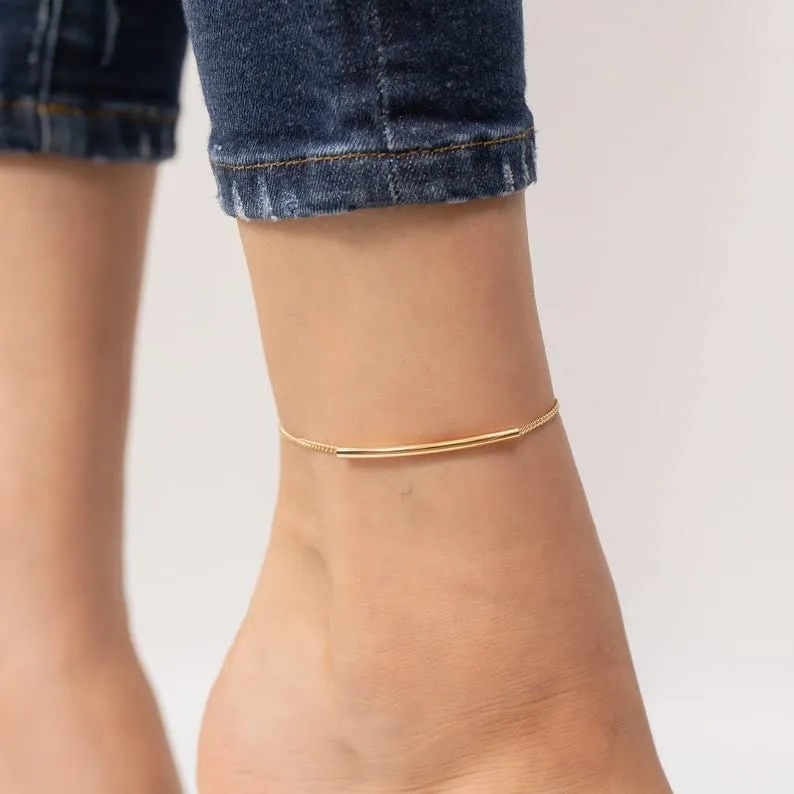Bar Chain Anklet, Sterling Silver Rectangle Bar Ankle, Unique Anklet, Charming Anklet, Minimalist jewelry (10.5, White Gold Plated)